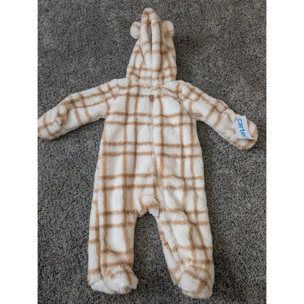 Carters Baby‎ 6M Plaid Sherpa Fleece Hooded Bunting Pram Suit Bear Ears 1P954310